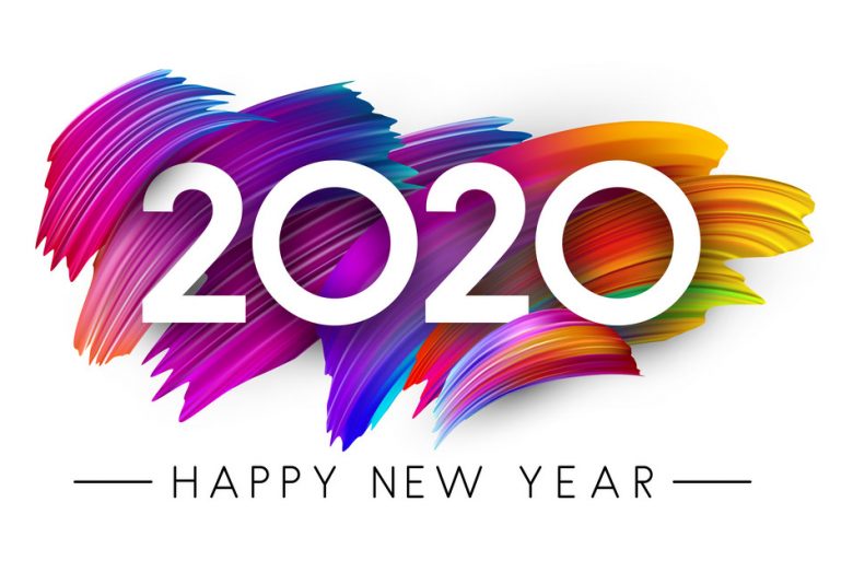 Happy New Year 2020 card with colorful gradient brush stroke design. Vector background.